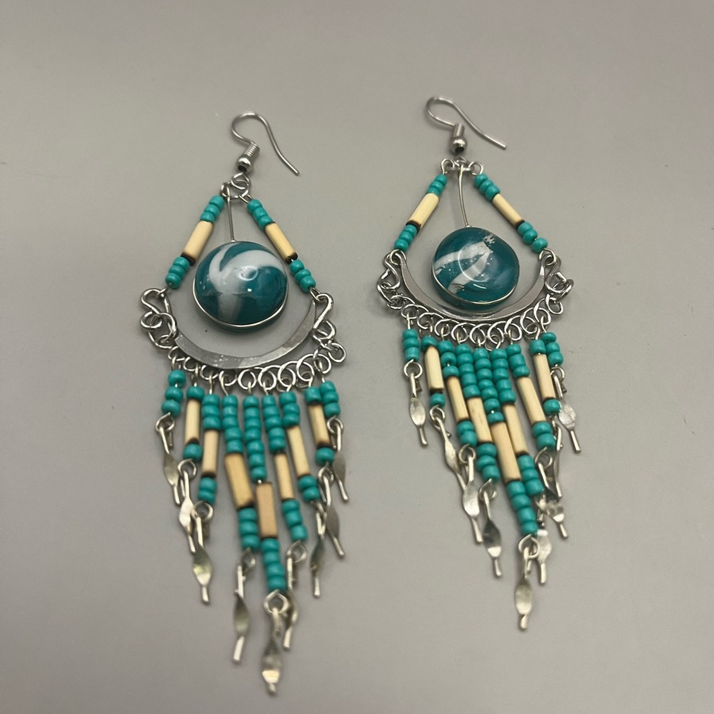 Blue and Silver Tone Chandelier Earrings with Geometric Beadwork